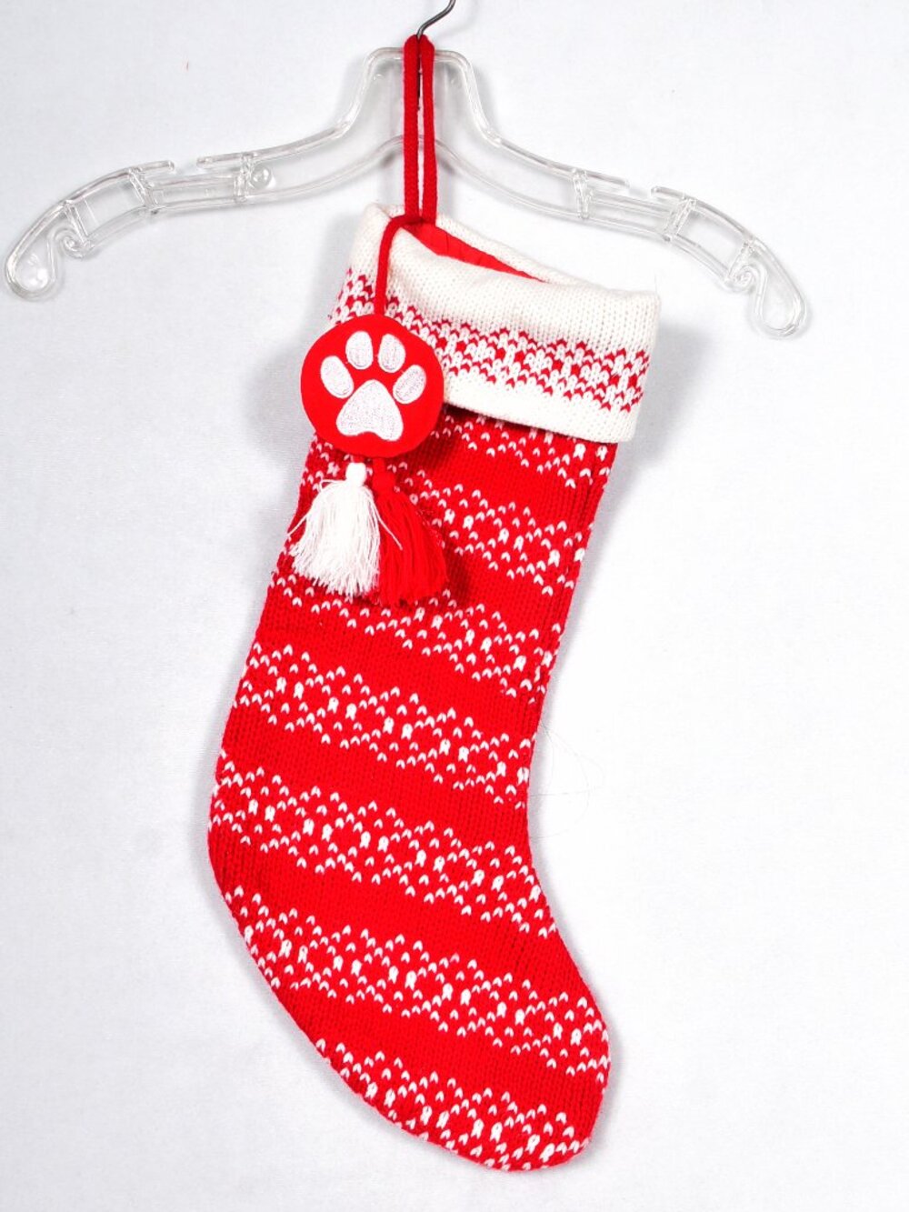 Christmas Stocking Puppy Dog Red White Cloth Knit